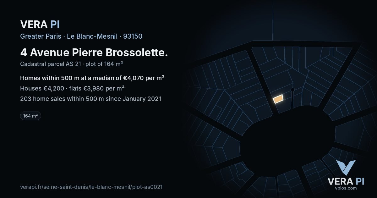 4 Avenue Pierre Brossolette, Le Blanc-Mesnil at night – the plot lit, the parcels around coloured by the prices near them