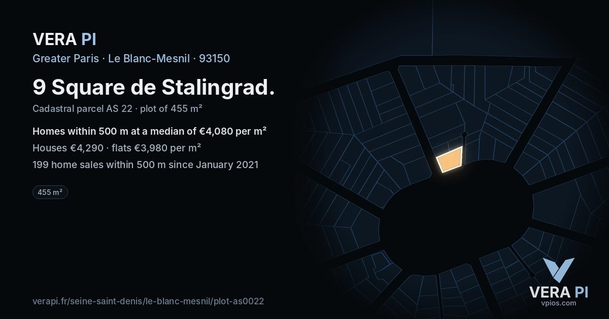 9 Square de Stalingrad, Le Blanc-Mesnil at night – the plot lit, the parcels around coloured by the prices near them