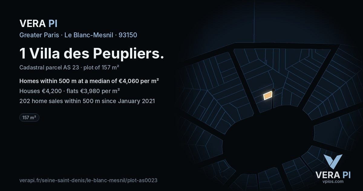 1 Villa des Peupliers, Le Blanc-Mesnil at night – the plot lit, the parcels around coloured by the prices near them