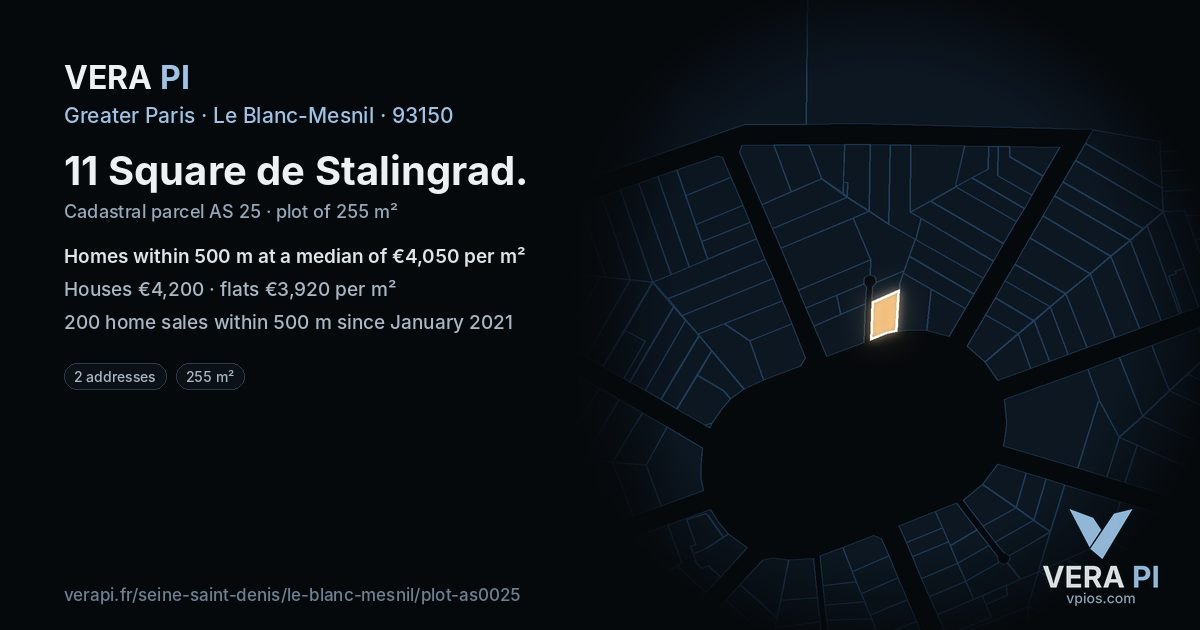 11 Square de Stalingrad, Le Blanc-Mesnil at night – the plot lit, the parcels around coloured by the prices near them