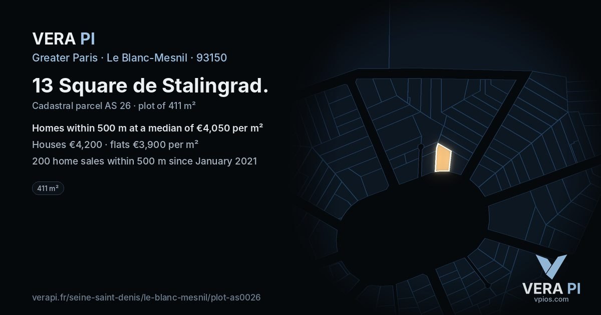 13 Square de Stalingrad, Le Blanc-Mesnil at night – the plot lit, the parcels around coloured by the prices near them