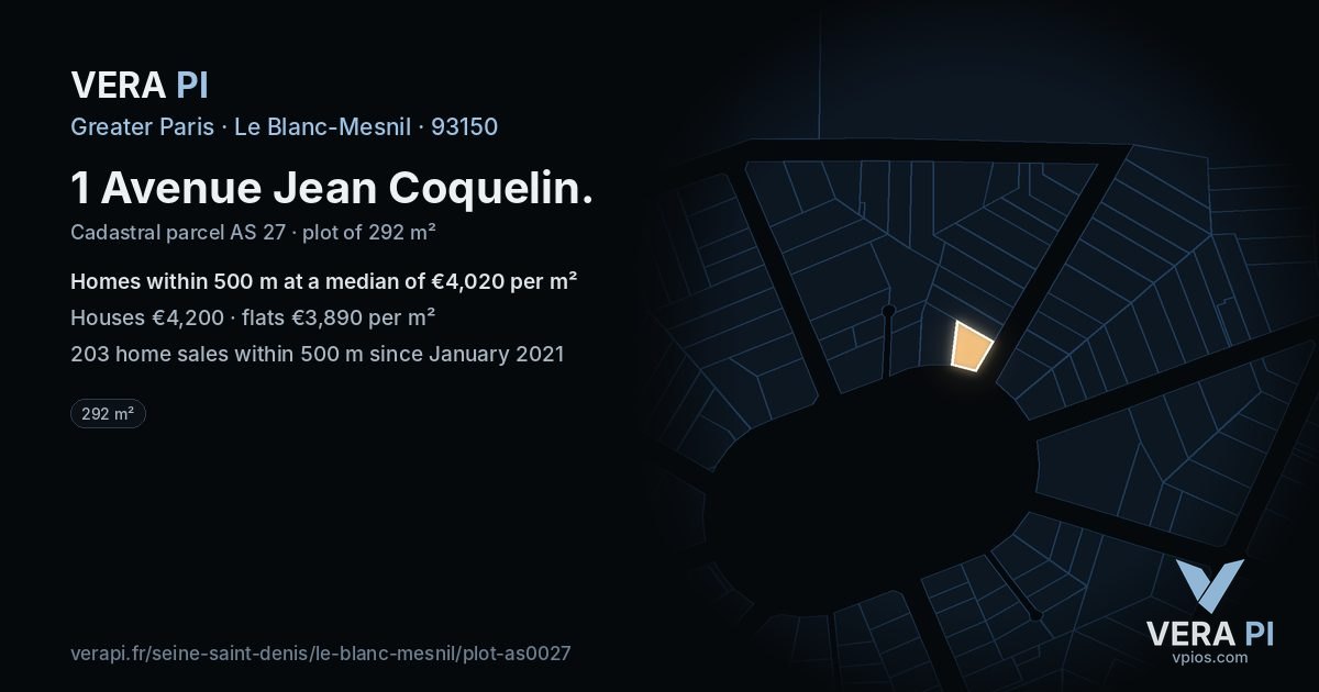 1 Avenue Jean Coquelin, Le Blanc-Mesnil at night – the plot lit, the parcels around coloured by the prices near them