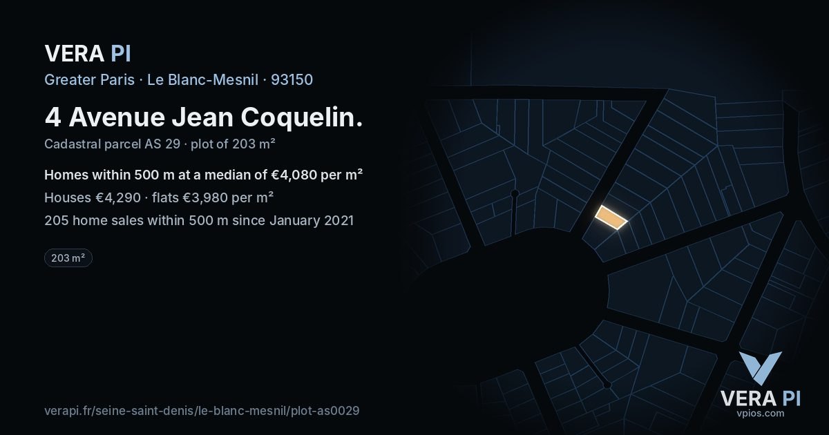 4 Avenue Jean Coquelin, Le Blanc-Mesnil at night – the plot lit, the parcels around coloured by the prices near them