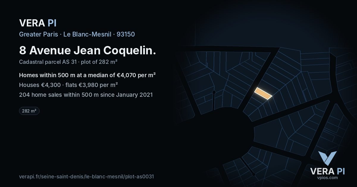 8 Avenue Jean Coquelin, Le Blanc-Mesnil at night – the plot lit, the parcels around coloured by the prices near them