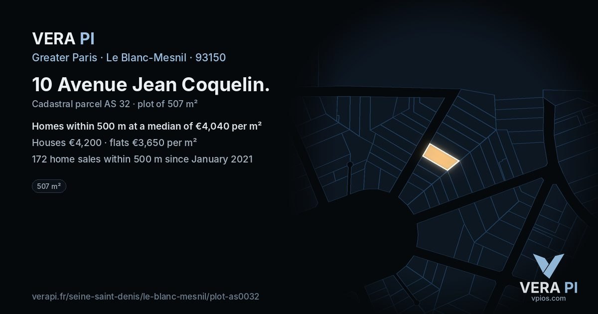 10 Avenue Jean Coquelin, Le Blanc-Mesnil at night – the plot lit, the parcels around coloured by the prices near them