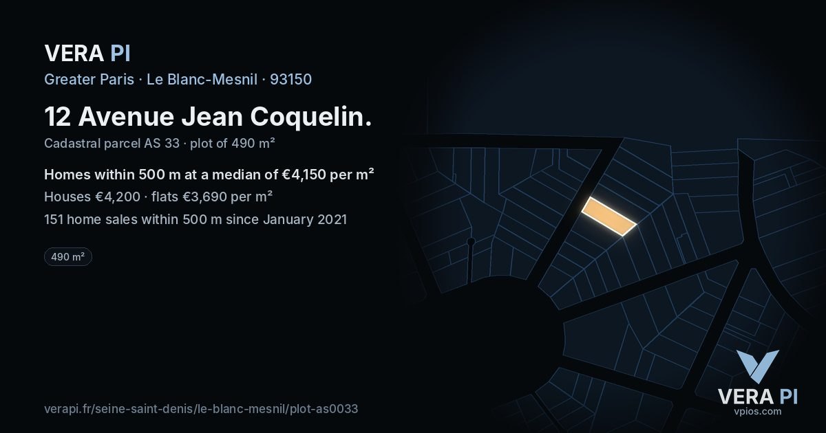 12 Avenue Jean Coquelin, Le Blanc-Mesnil at night – the plot lit, the parcels around coloured by the prices near them