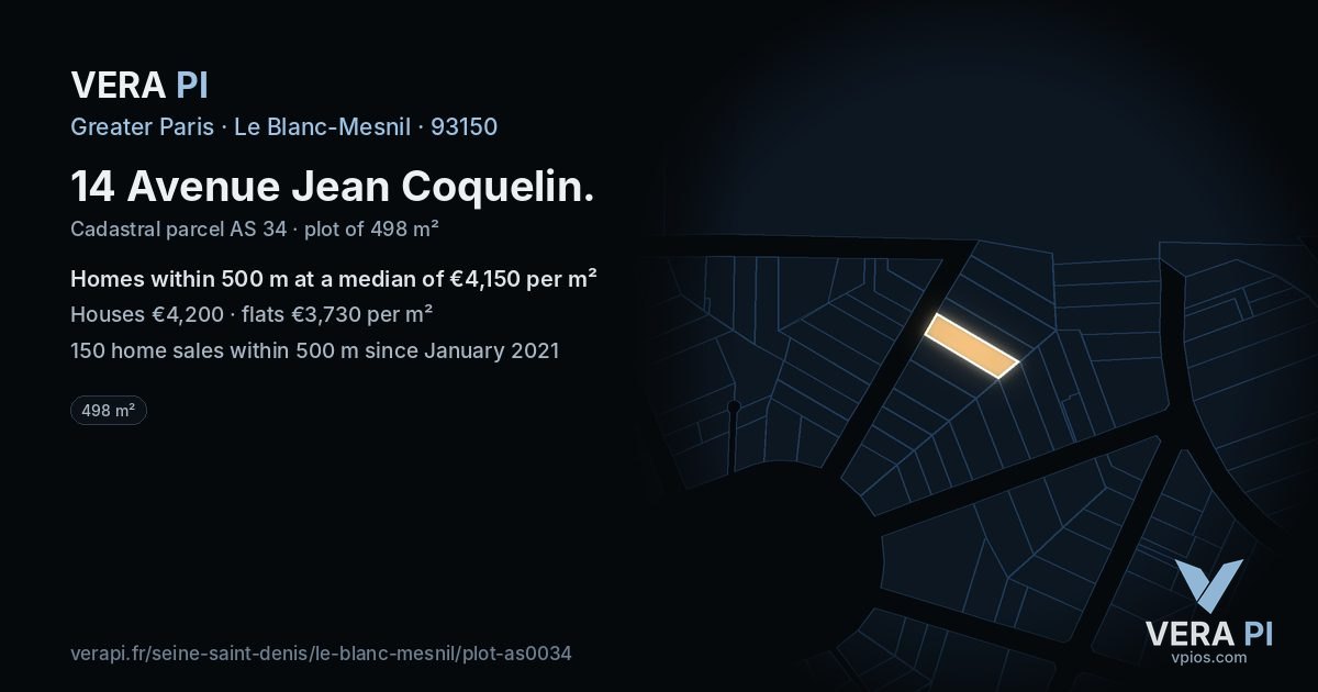 14 Avenue Jean Coquelin, Le Blanc-Mesnil at night – the plot lit, the parcels around coloured by the prices near them