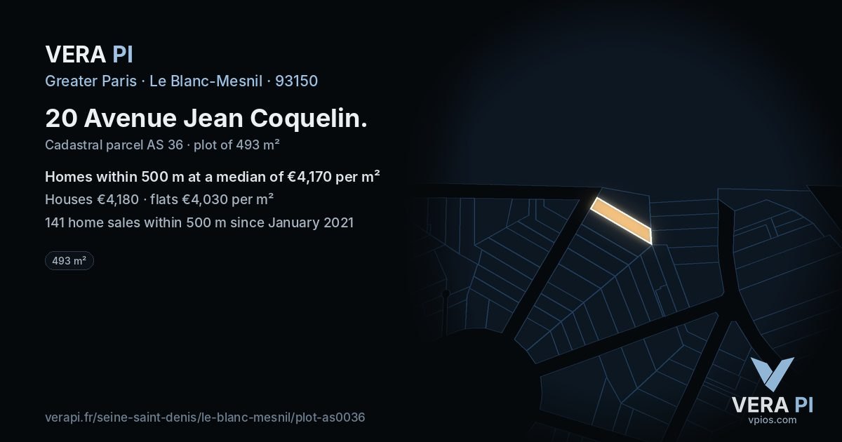 20 Avenue Jean Coquelin, Le Blanc-Mesnil at night – the plot lit, the parcels around coloured by the prices near them