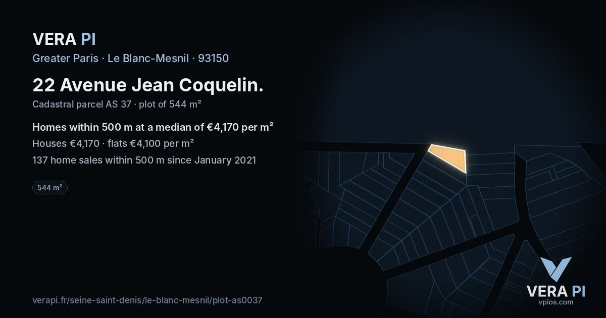 22 Avenue Jean Coquelin, Le Blanc-Mesnil at night – the plot lit, the parcels around coloured by the prices near them