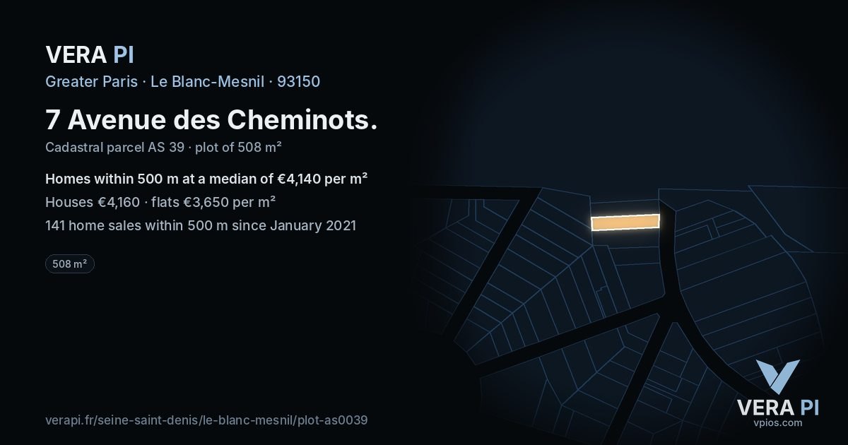 7 Avenue des Cheminots, Le Blanc-Mesnil at night – the plot lit, the parcels around coloured by the prices near them