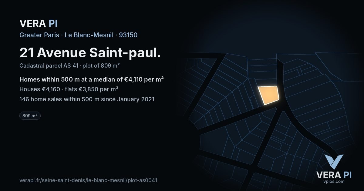 21 Avenue Saint-paul, Le Blanc-Mesnil at night – the plot lit, the parcels around coloured by the prices near them
