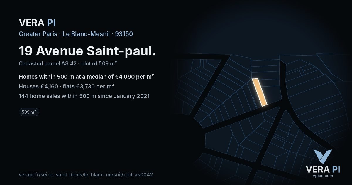 19 Avenue Saint-paul, Le Blanc-Mesnil at night – the plot lit, the parcels around coloured by the prices near them