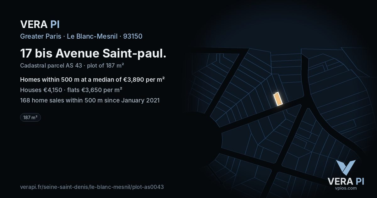 17 bis Avenue Saint-paul, Le Blanc-Mesnil at night – the plot lit, the parcels around coloured by the prices near them
