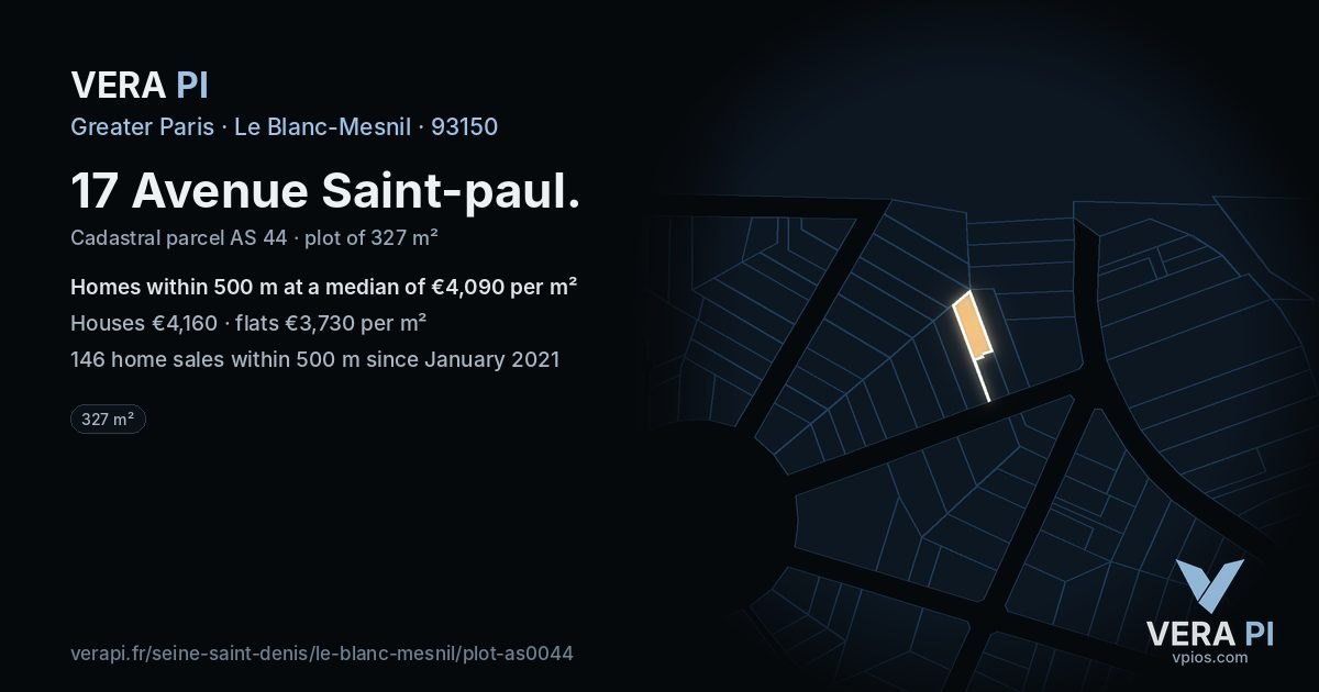 17 Avenue Saint-paul, Le Blanc-Mesnil at night – the plot lit, the parcels around coloured by the prices near them