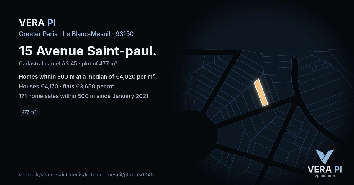 15 Avenue Saint-paul, Le Blanc-Mesnil at night – the plot lit, the parcels around coloured by the prices near them