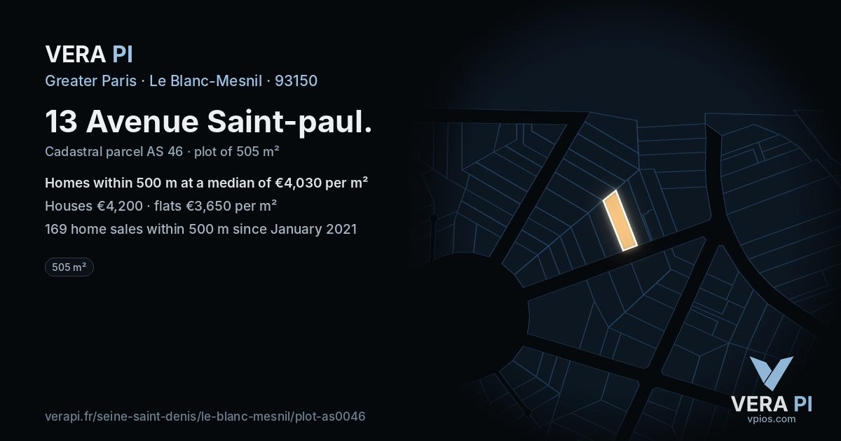 13 Avenue Saint-paul, Le Blanc-Mesnil at night – the plot lit, the parcels around coloured by the prices near them