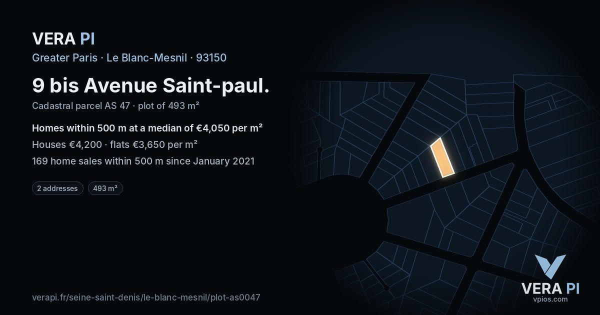 9 bis Avenue Saint-paul, Le Blanc-Mesnil at night – the plot lit, the parcels around coloured by the prices near them