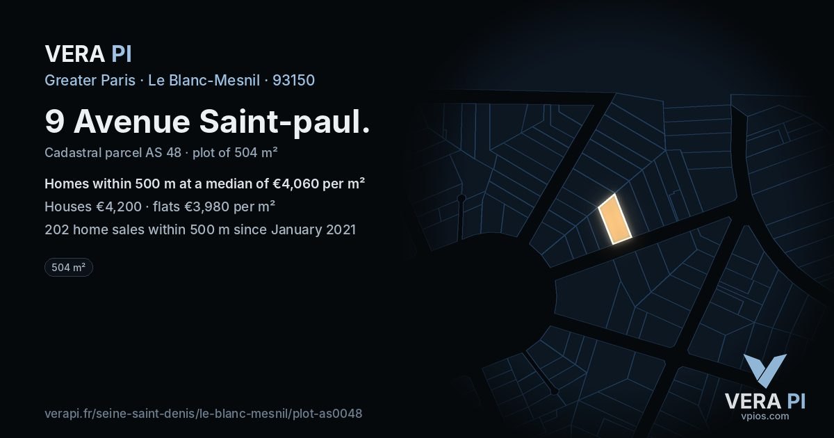 9 Avenue Saint-paul, Le Blanc-Mesnil at night – the plot lit, the parcels around coloured by the prices near them
