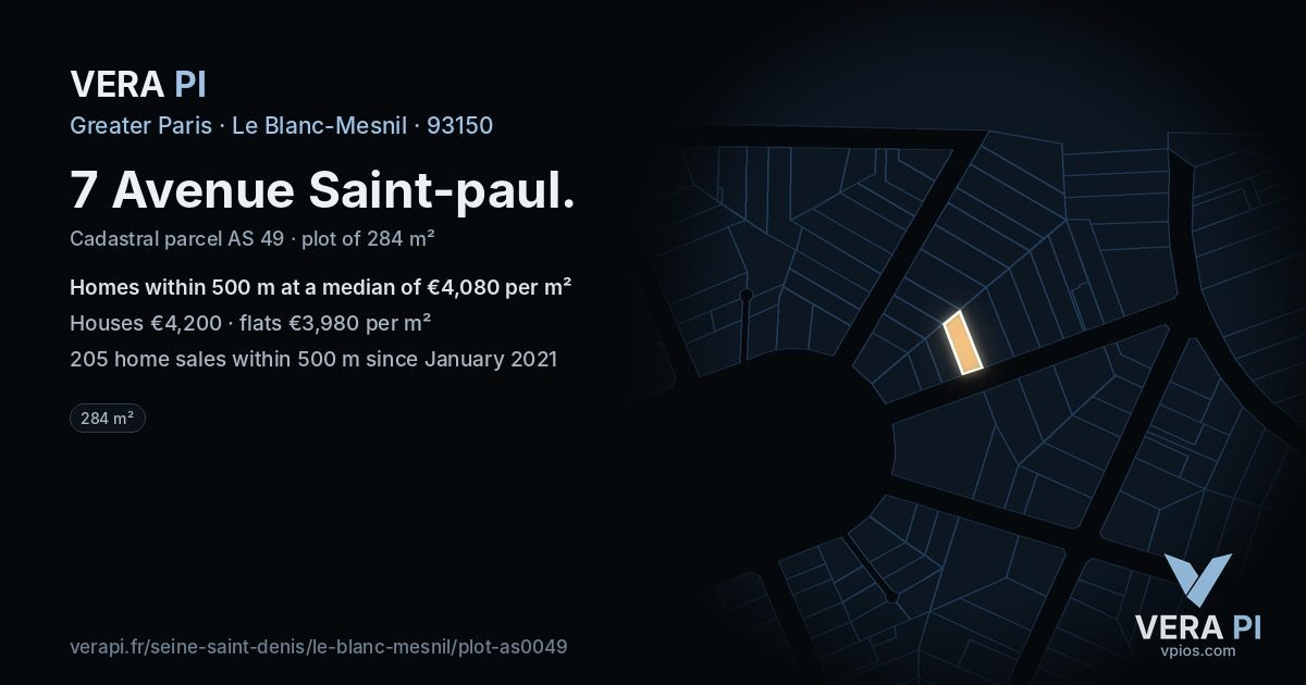 7 Avenue Saint-paul, Le Blanc-Mesnil at night – the plot lit, the parcels around coloured by the prices near them