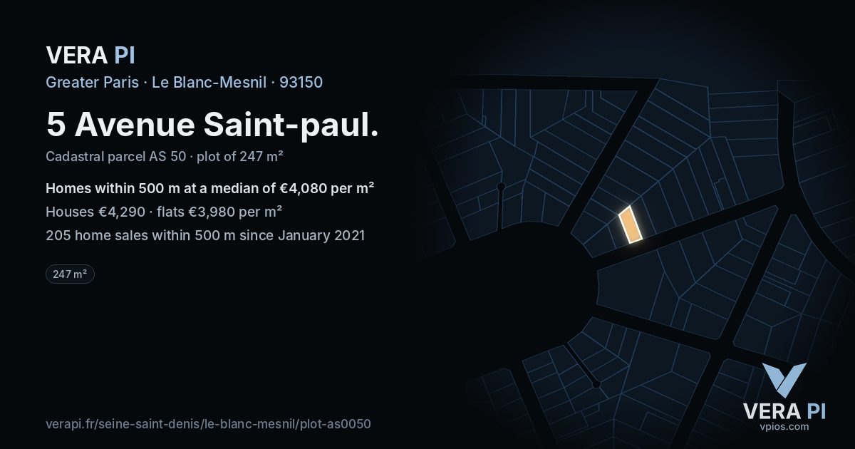 5 Avenue Saint-paul, Le Blanc-Mesnil at night – the plot lit, the parcels around coloured by the prices near them