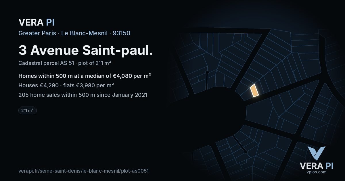 3 Avenue Saint-paul, Le Blanc-Mesnil at night – the plot lit, the parcels around coloured by the prices near them