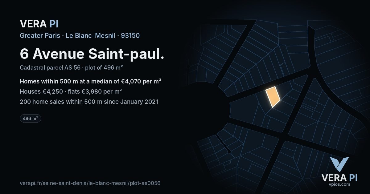 6 Avenue Saint-paul, Le Blanc-Mesnil at night – the plot lit, the parcels around coloured by the prices near them