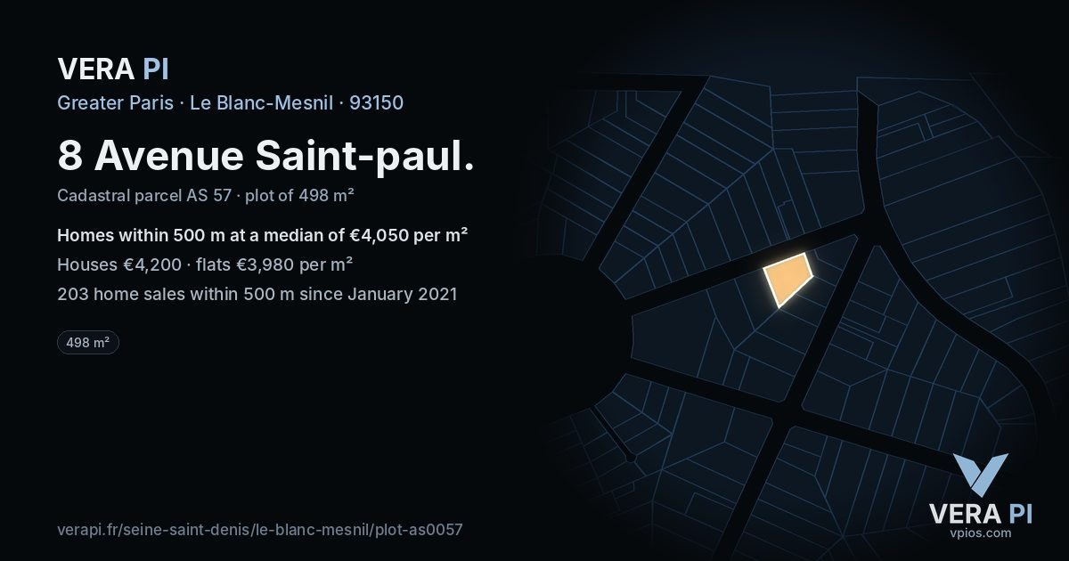 8 Avenue Saint-paul, Le Blanc-Mesnil at night – the plot lit, the parcels around coloured by the prices near them