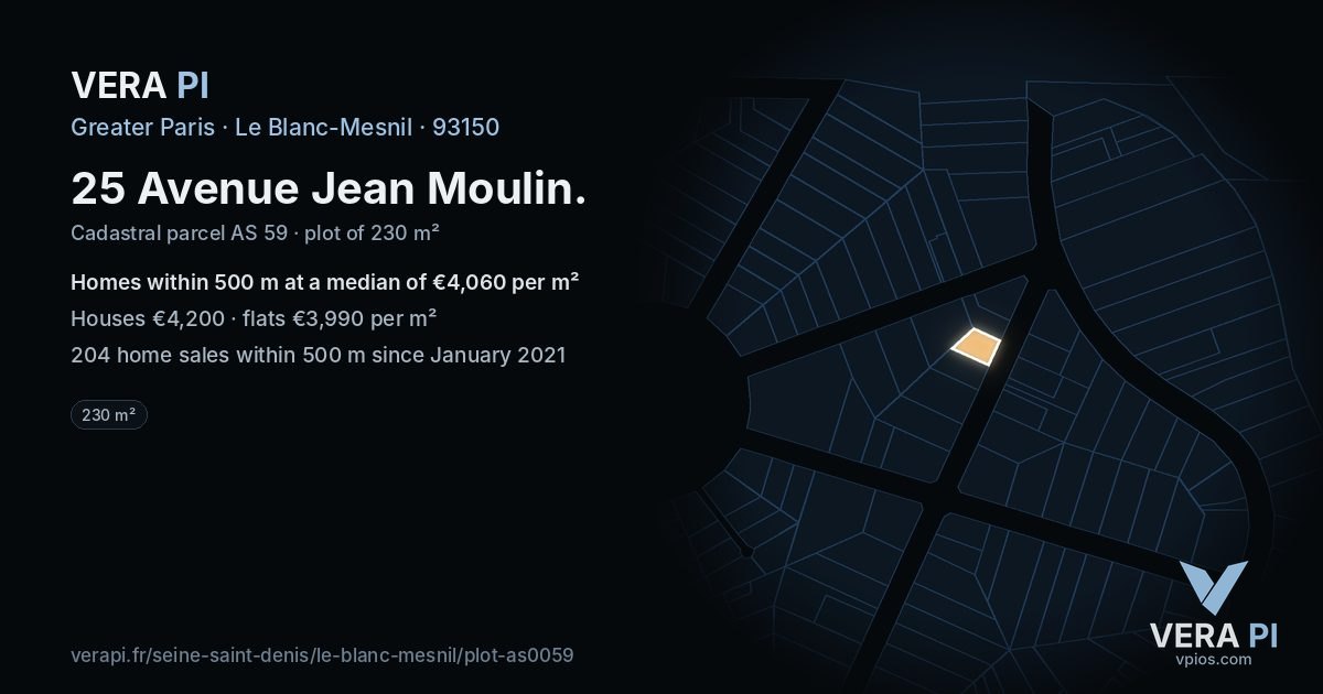 25 Avenue Jean Moulin, Le Blanc-Mesnil at night – the plot lit, the parcels around coloured by the prices near them