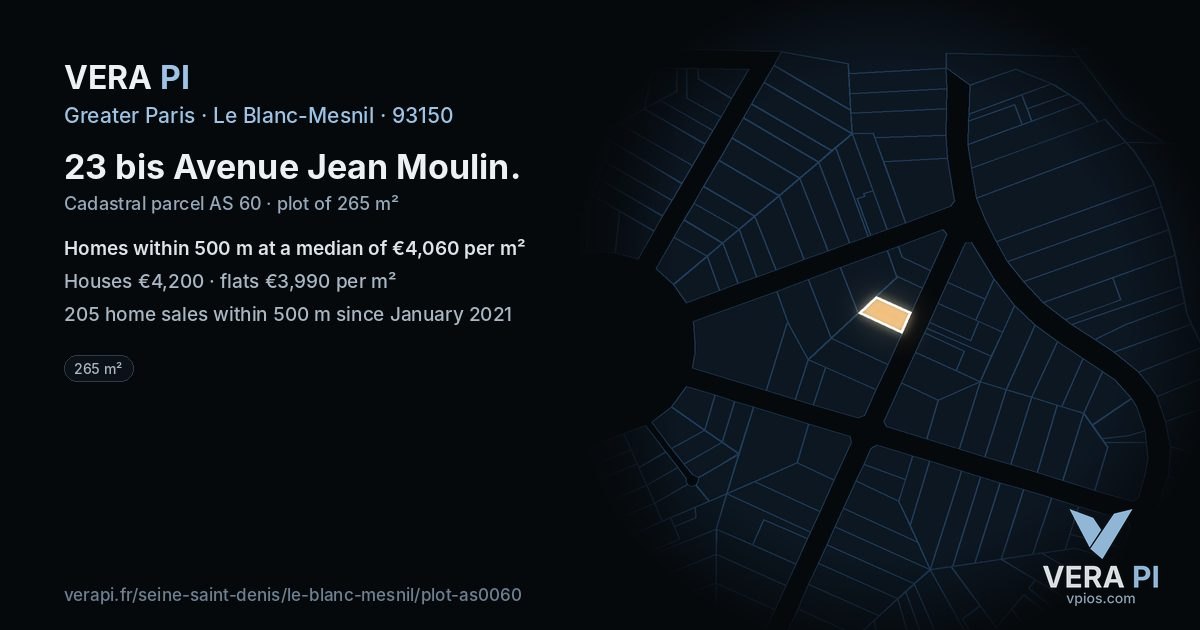 23 bis Avenue Jean Moulin, Le Blanc-Mesnil at night – the plot lit, the parcels around coloured by the prices near them