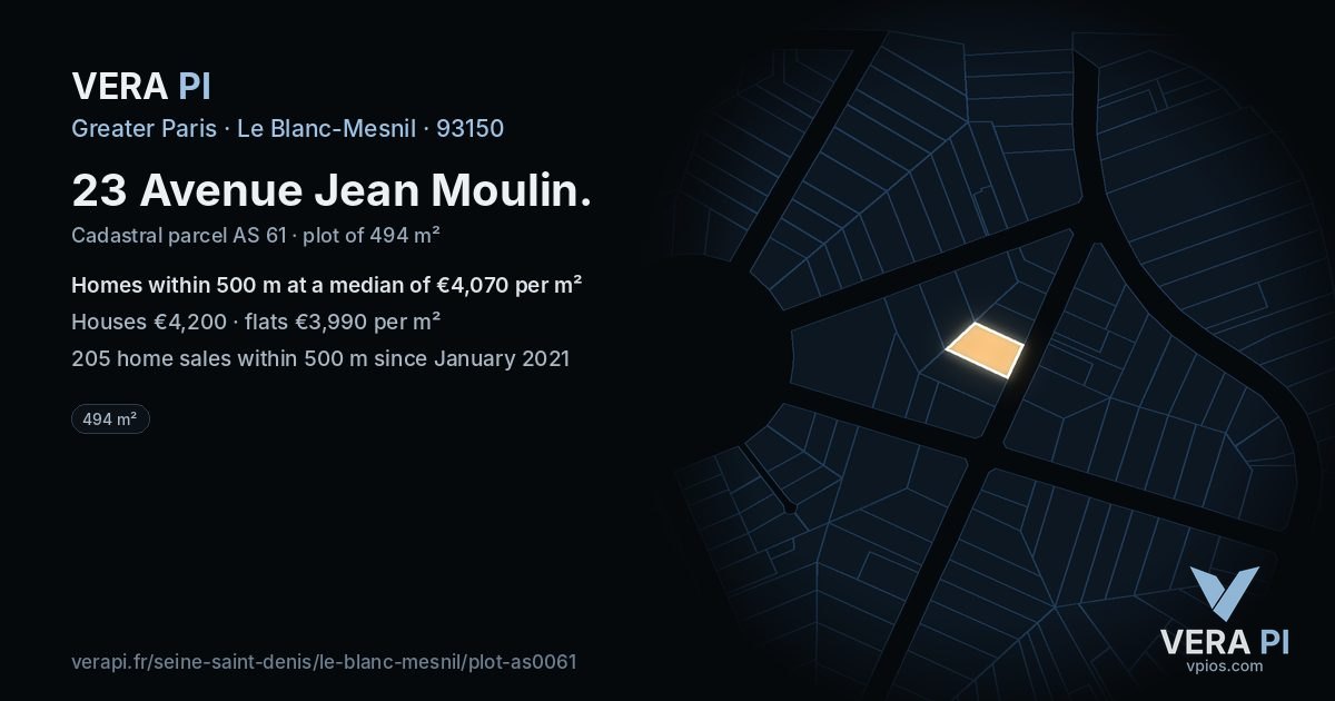 23 Avenue Jean Moulin, Le Blanc-Mesnil at night – the plot lit, the parcels around coloured by the prices near them