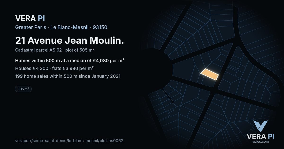 21 Avenue Jean Moulin, Le Blanc-Mesnil at night – the plot lit, the parcels around coloured by the prices near them