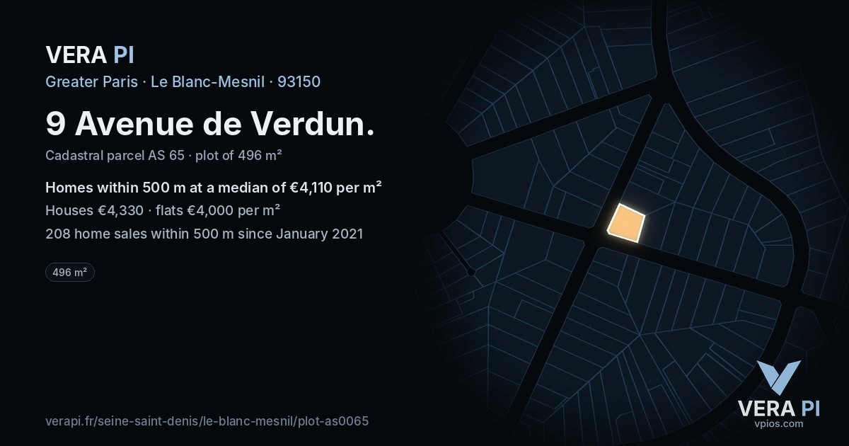 9 Avenue de Verdun, Le Blanc-Mesnil at night – the plot lit, the parcels around coloured by the prices near them
