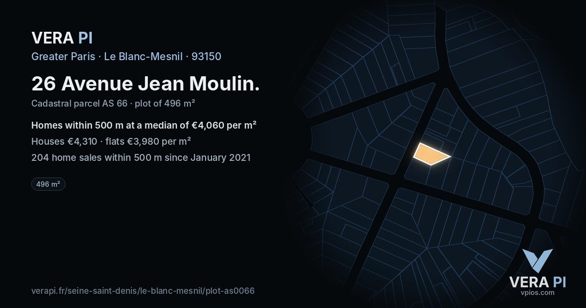 26 Avenue Jean Moulin, Le Blanc-Mesnil at night – the plot lit, the parcels around coloured by the prices near them