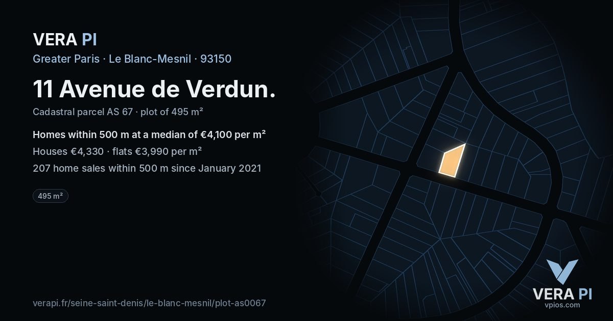 11 Avenue de Verdun, Le Blanc-Mesnil at night – the plot lit, the parcels around coloured by the prices near them