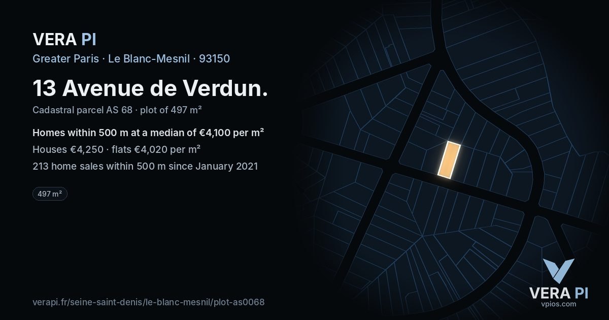 13 Avenue de Verdun, Le Blanc-Mesnil at night – the plot lit, the parcels around coloured by the prices near them
