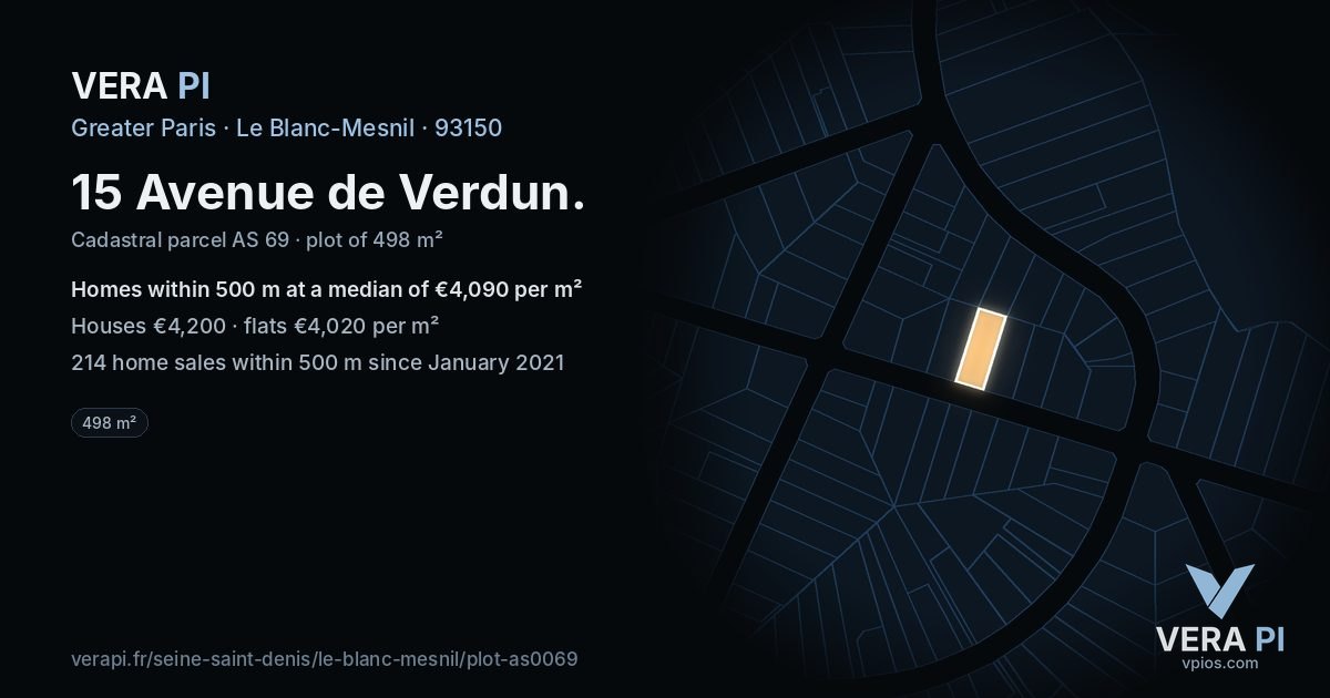 15 Avenue de Verdun, Le Blanc-Mesnil at night – the plot lit, the parcels around coloured by the prices near them