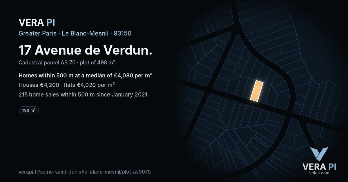 17 Avenue de Verdun, Le Blanc-Mesnil at night – the plot lit, the parcels around coloured by the prices near them