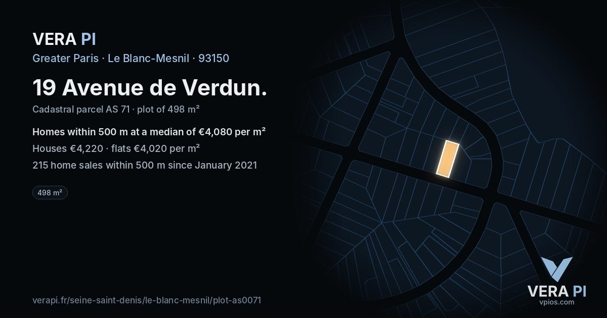 19 Avenue de Verdun, Le Blanc-Mesnil at night – the plot lit, the parcels around coloured by the prices near them