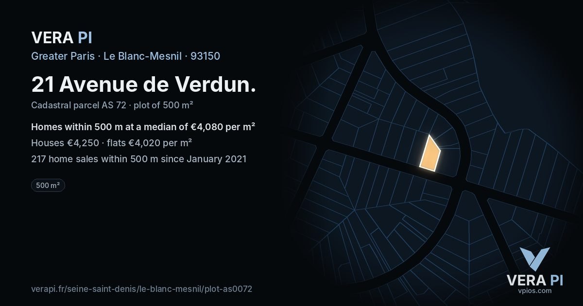 21 Avenue de Verdun, Le Blanc-Mesnil at night – the plot lit, the parcels around coloured by the prices near them