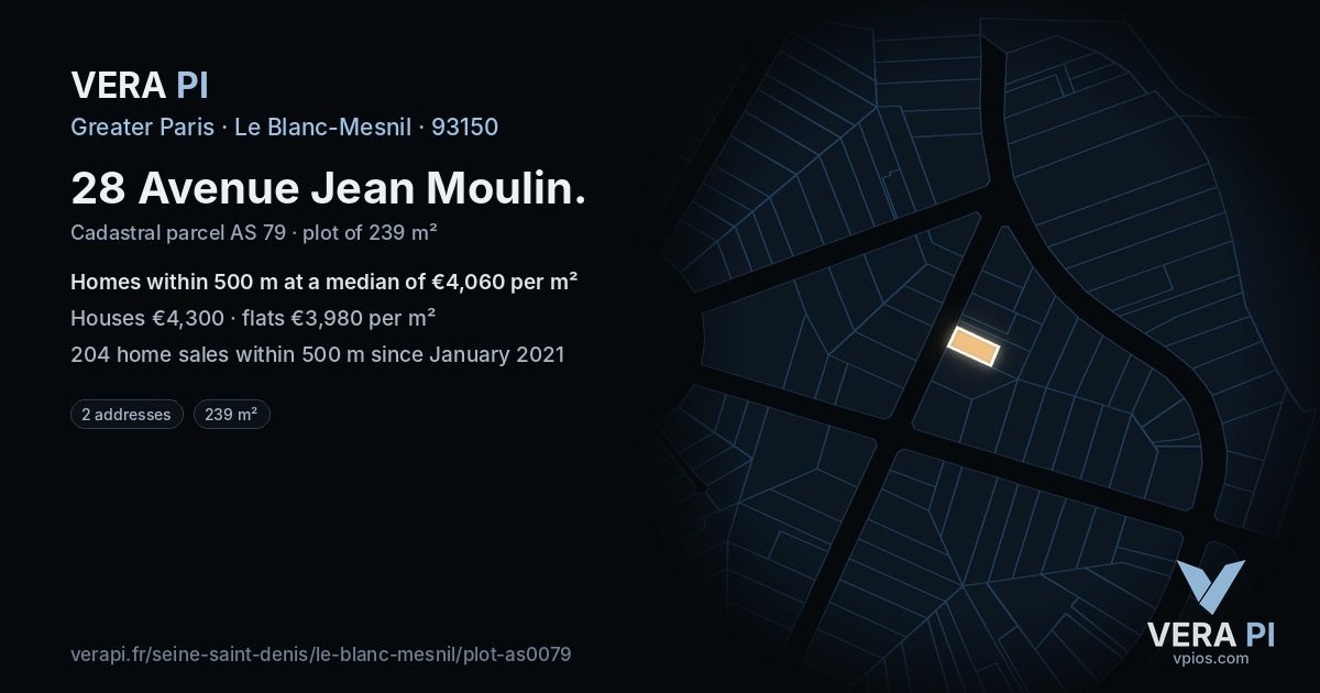 28 Avenue Jean Moulin, Le Blanc-Mesnil at night – the plot lit, the parcels around coloured by the prices near them