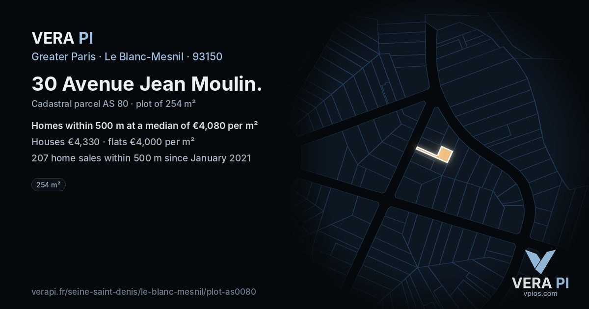 30 Avenue Jean Moulin, Le Blanc-Mesnil at night – the plot lit, the parcels around coloured by the prices near them