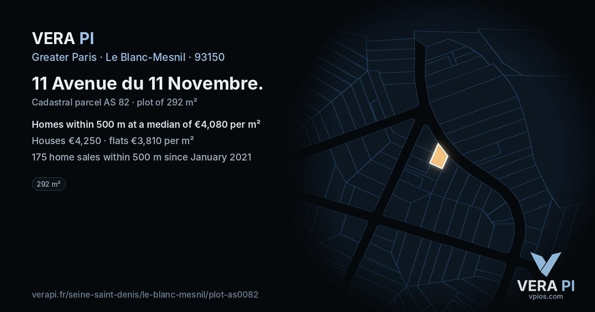 11 Avenue du 11 Novembre, Le Blanc-Mesnil at night – the plot lit, the parcels around coloured by the prices near them