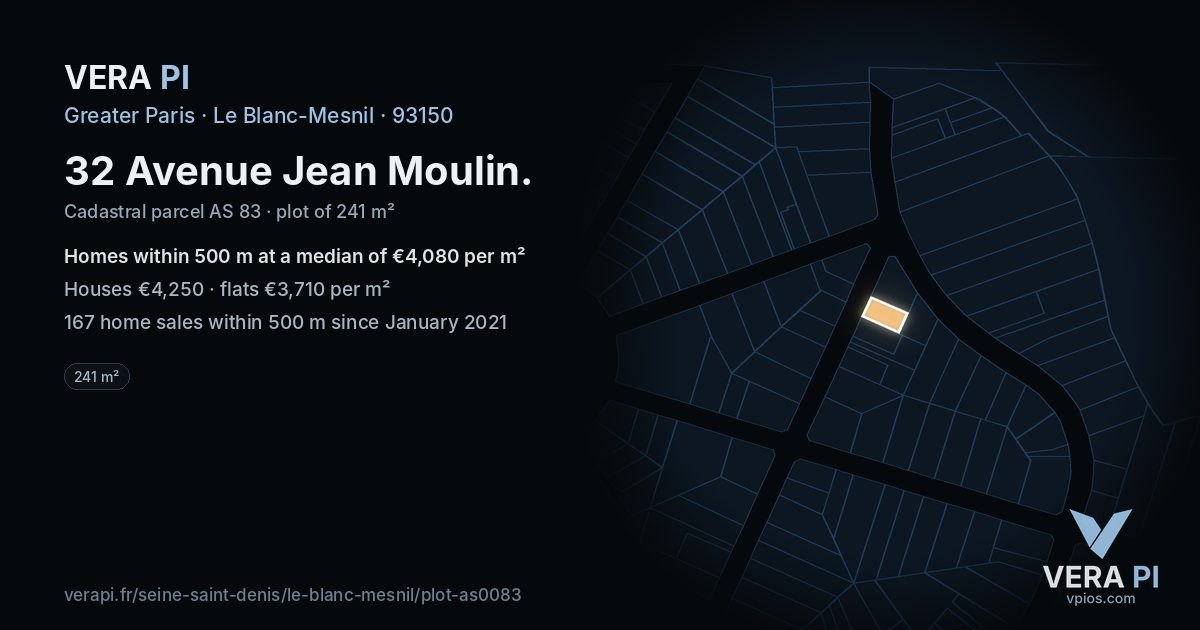 32 Avenue Jean Moulin, Le Blanc-Mesnil at night – the plot lit, the parcels around coloured by the prices near them