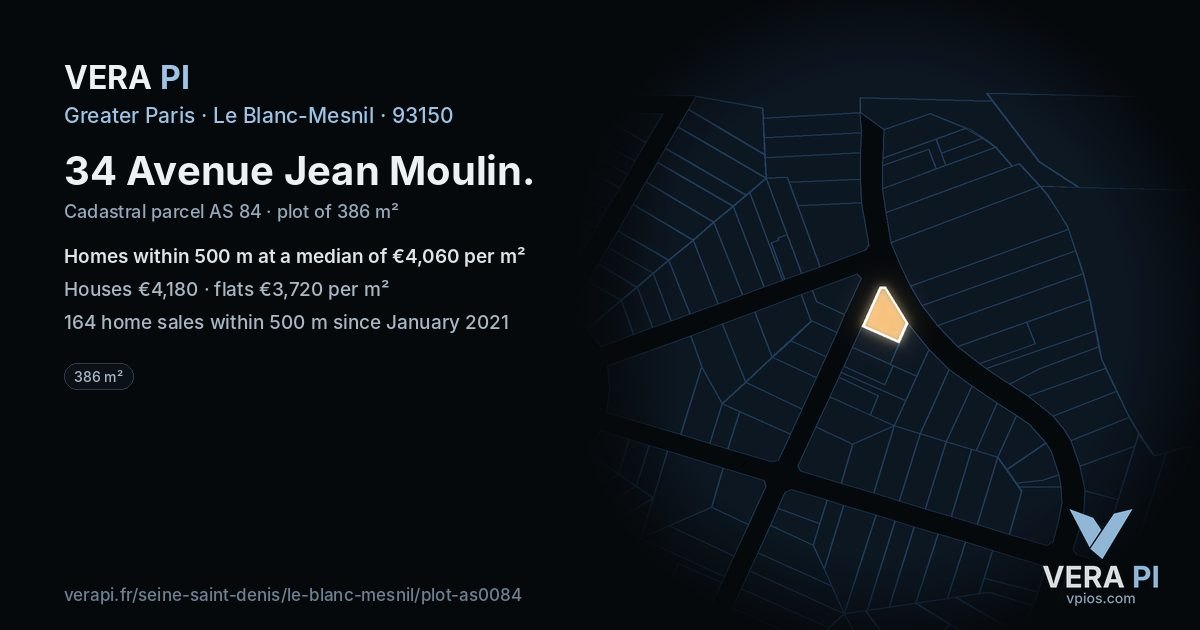 34 Avenue Jean Moulin, Le Blanc-Mesnil at night – the plot lit, the parcels around coloured by the prices near them