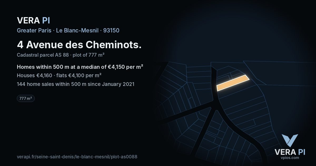4 Avenue des Cheminots, Le Blanc-Mesnil at night – the plot lit, the parcels around coloured by the prices near them