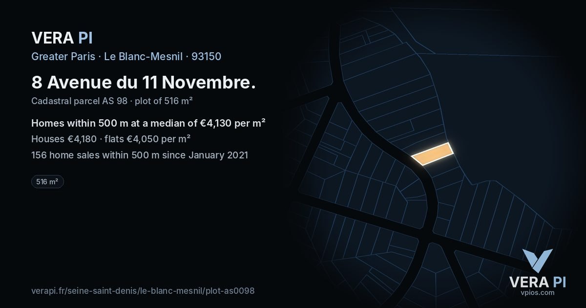 8 Avenue du 11 Novembre, Le Blanc-Mesnil at night – the plot lit, the parcels around coloured by the prices near them