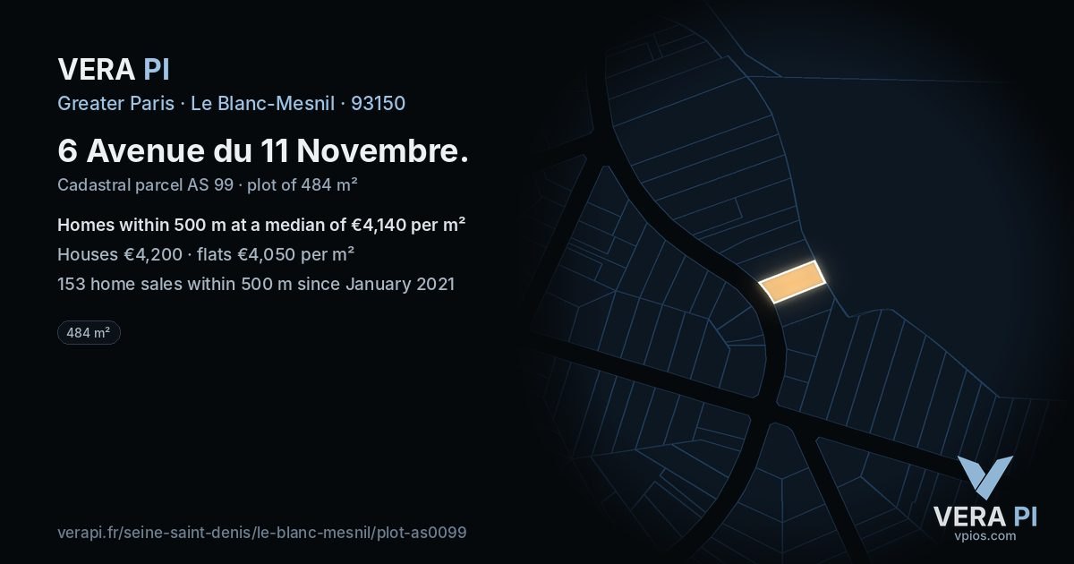 6 Avenue du 11 Novembre, Le Blanc-Mesnil at night – the plot lit, the parcels around coloured by the prices near them