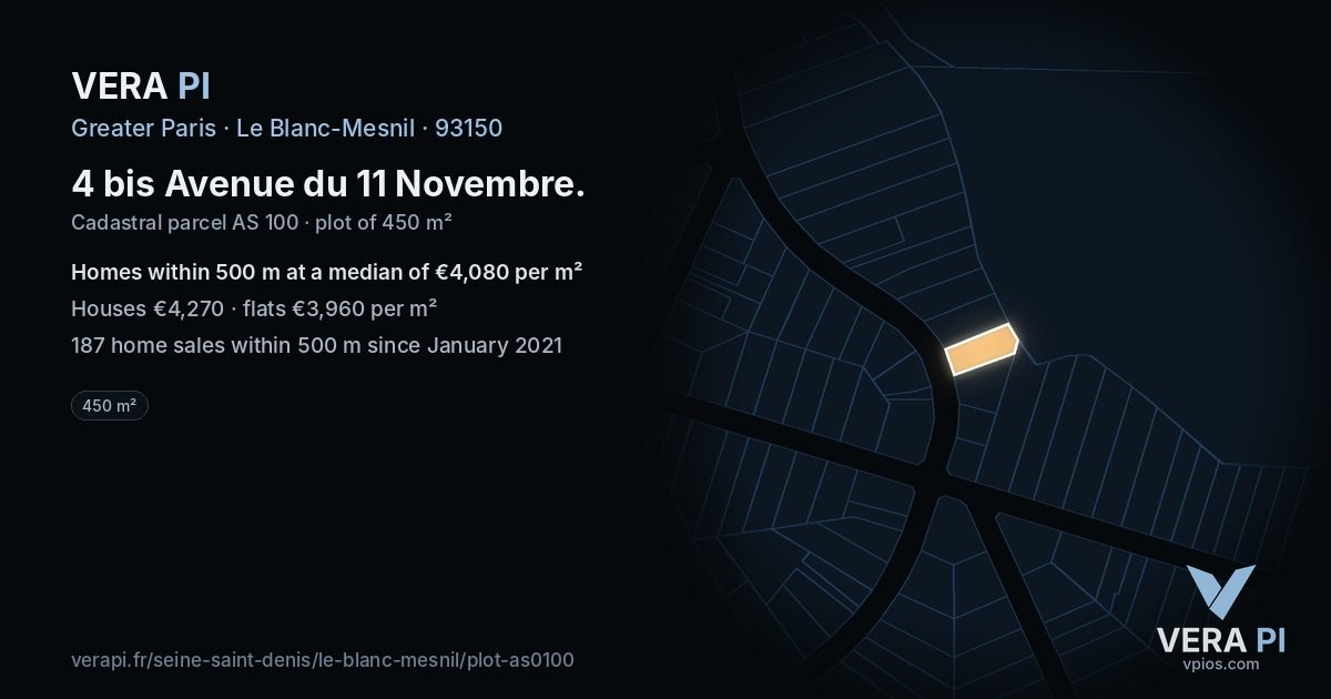 4 bis Avenue du 11 Novembre, Le Blanc-Mesnil at night – the plot lit, the parcels around coloured by the prices near them