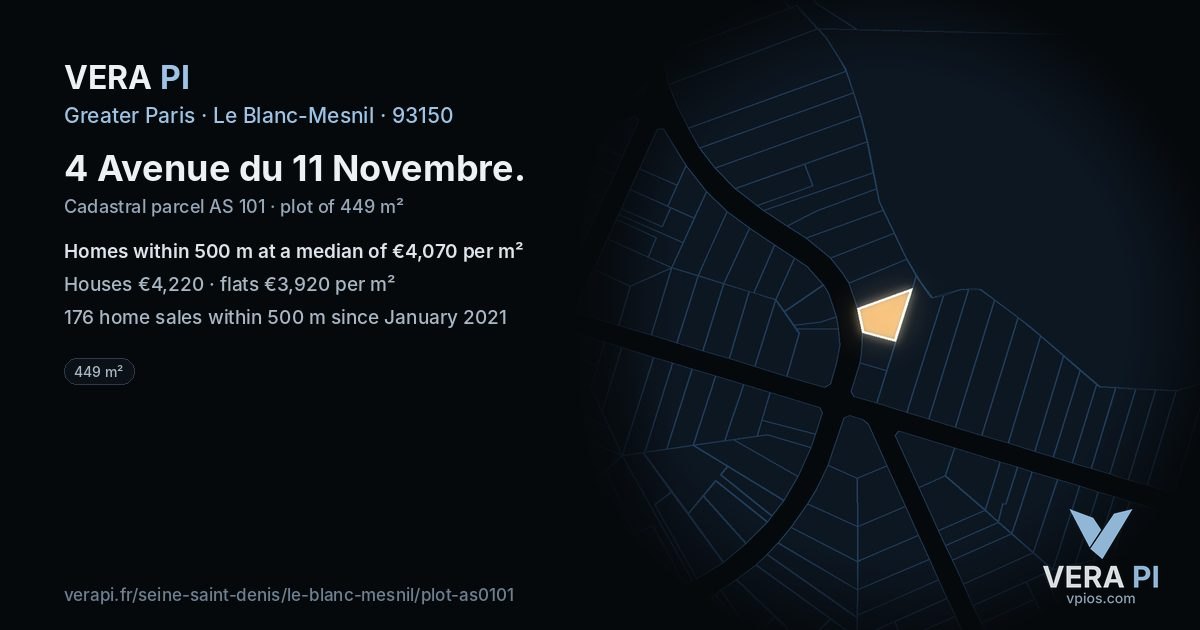 4 Avenue du 11 Novembre, Le Blanc-Mesnil at night – the plot lit, the parcels around coloured by the prices near them