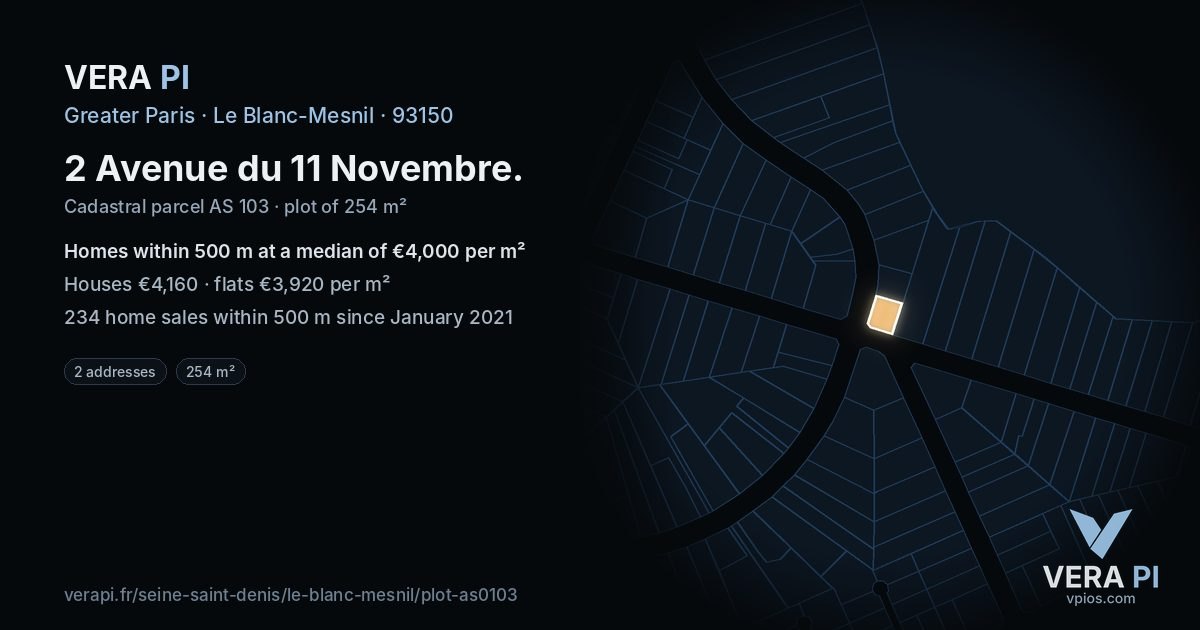 2 Avenue du 11 Novembre, Le Blanc-Mesnil at night – the plot lit, the parcels around coloured by the prices near them